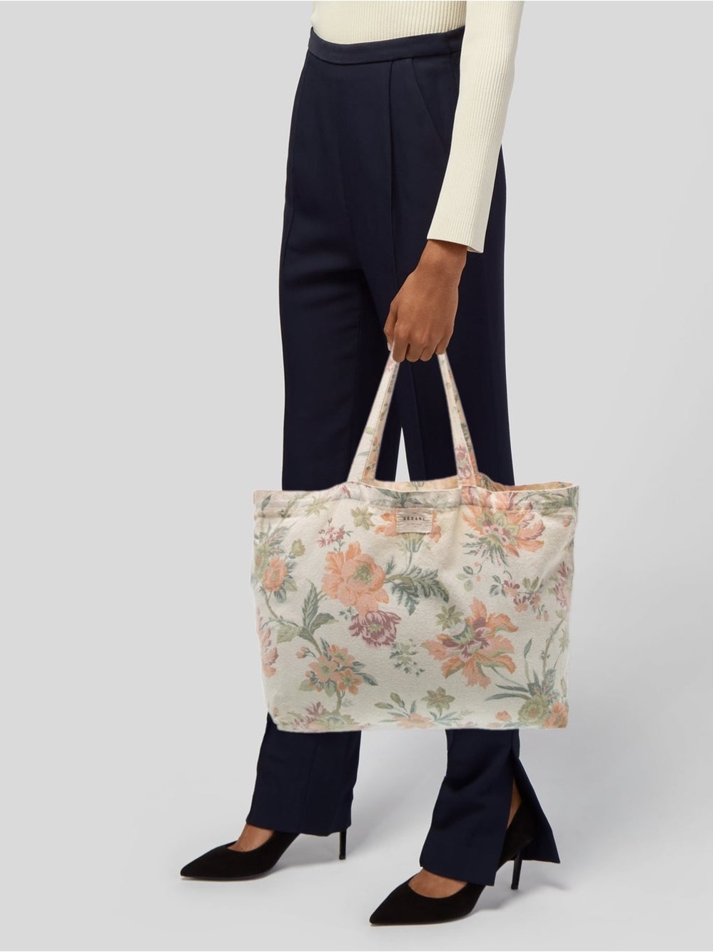 Sezane Floral Canvas Tote Bag in Pastel Pink and Green